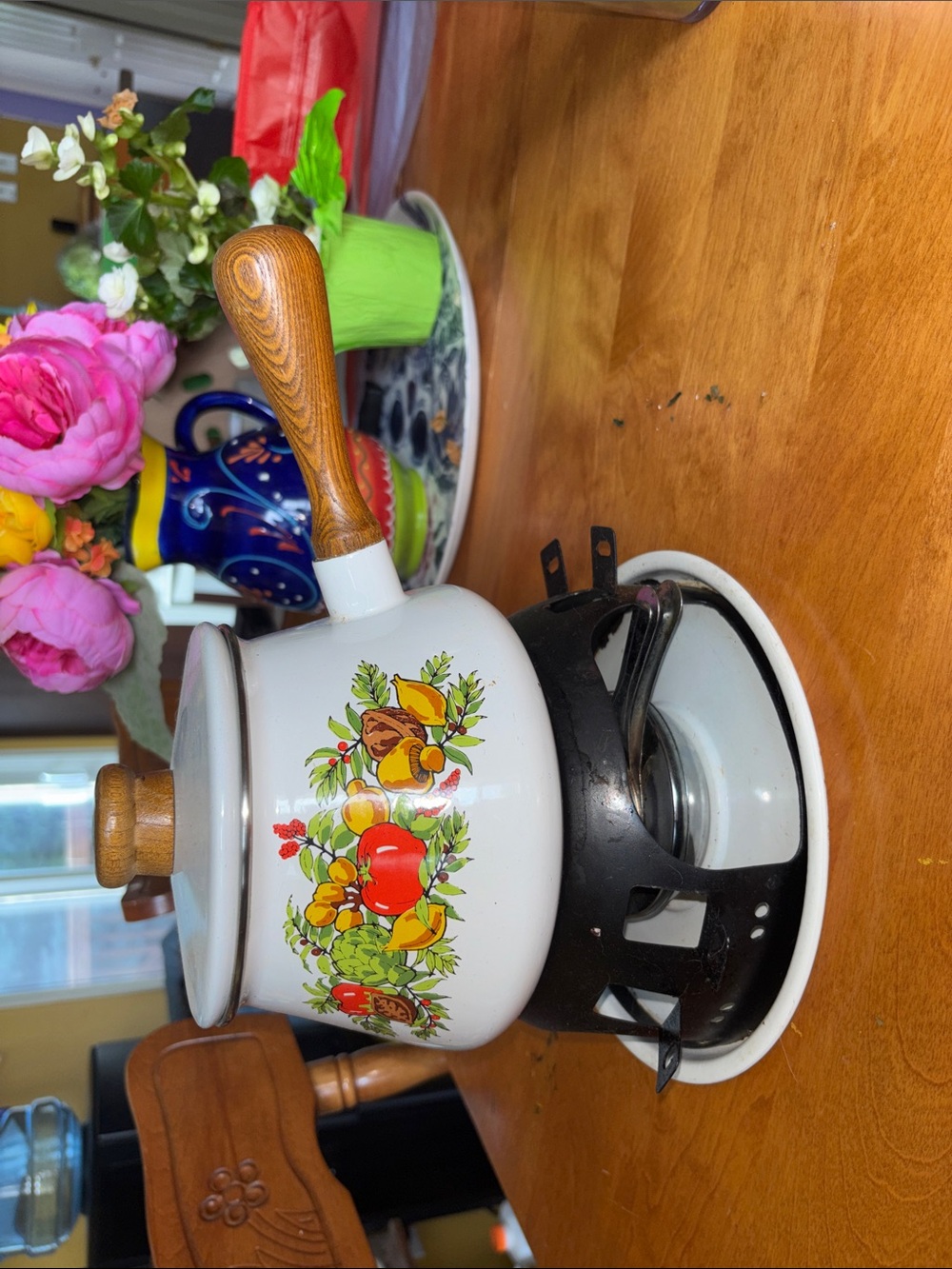 White Enamel Fondue Pot with Fruit & Floral Design and Wooden Handle